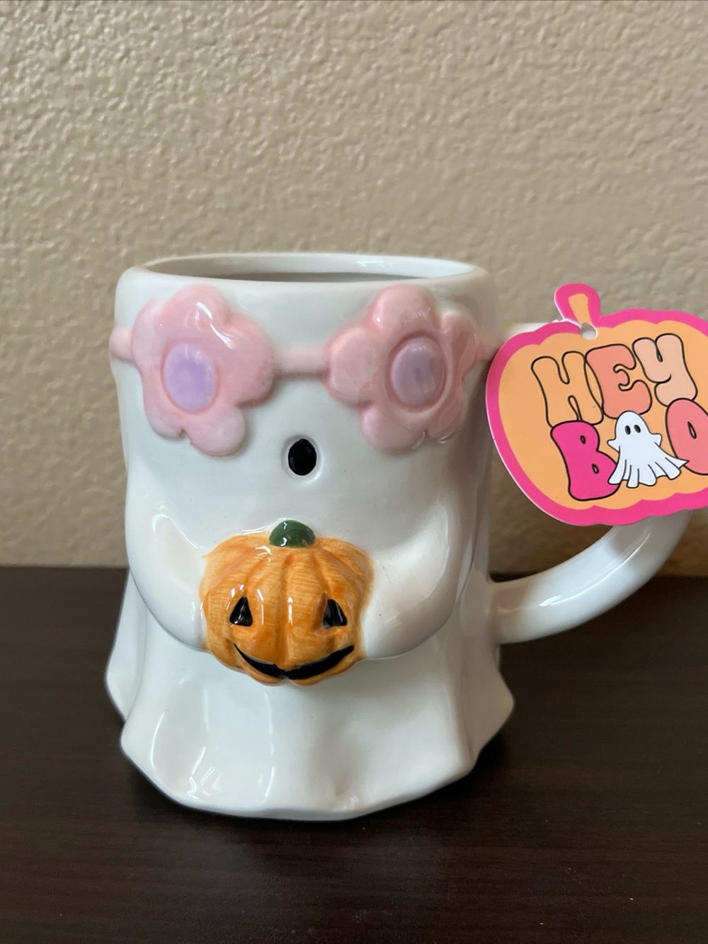 New, Hey Boo Home Trends Ghost Pumpkin w/ Flower Glasses Ceramic Mug